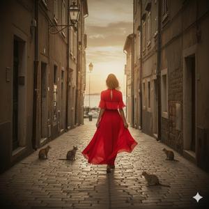 赤いワンピースの上に野良ネコ