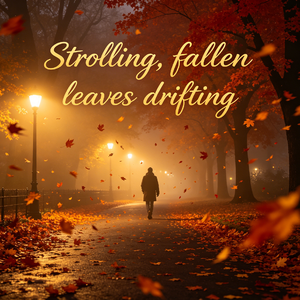 Strolling, fallen leaves drifting
