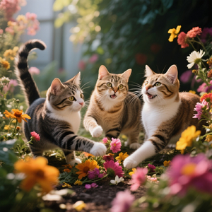 花と遊ぶ子猫たち