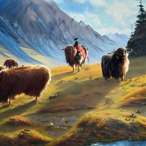 四川阿坝若尔盖大草原的牦牛和少年藏族牧人