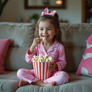 Comendo uma pipoquinha, com roupa de dormir, assistindo a novela
