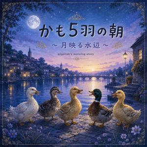 かも5羽の朝 〜月映る水辺〜