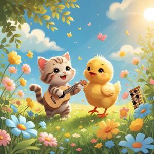 경쾌하고 유쾌한 배경 음악, 가벼운 어쿠스틱 기타와 부드러운 실로폰, 경쾌한 우쿨렐레, 부드러운 종소리, 따뜻하고 밝은 분위기, 귀여움과 우정을 불러일으키며 아기 동물에게 적합합니다.