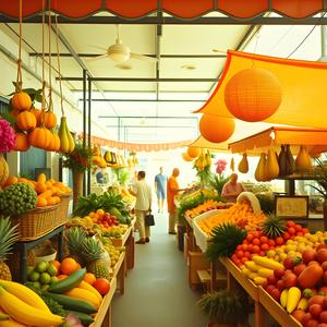 마림바, 어쿠스틱 기타, 손가락을 튕기는 경쾌하고 중독성 있는 곡으로 친근한 시장 상인들의 매력을 불러일으킵니다.