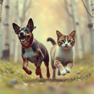 走り回る子犬と猫