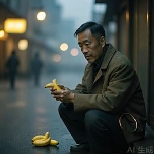 吃着香蕉的人象一条孤独的狗