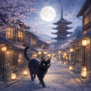 月明かりの黒猫