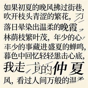如果初夏的晚风拂过街巷吹开枝头青涩繁花落日晕开温柔晚霞林荫枝繁叶茂年少心事藏进盛夏蝉鸣暮色漫起时回忆轻轻叩击心底我走过仲夏晚风看过人间万般温柔却终究留不住曾经满心奔赴我的人只能独守漫漫夏夜在旧梦里沉沦