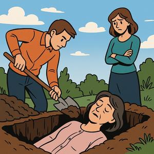 Schoonmoeder in de tuin begraven