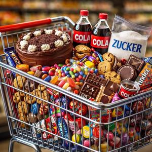 Ich kaufe ein: Schokolade und Kekse...