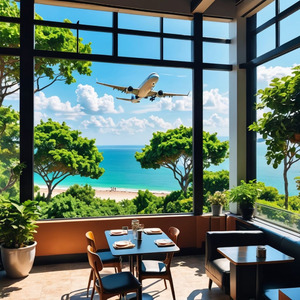 飛行機が遠くに見える明るい太陽の当たるカフェ