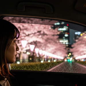走る車から見る雨で輝く夜桜 ドラマのようなストーリーミュージック