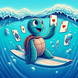 Turtle on a surfboard playing solitaire