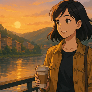 夕日の川面 - 温泉街の夕影