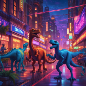 Neon Nights and Prehistoric Plights (ネオンの夜と先史時代の窮状) by @steicamel