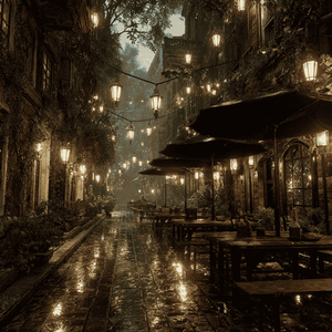 雨粒と琥珀色の灯り