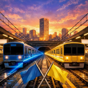 池袋、東の青と西の黄色の交差点