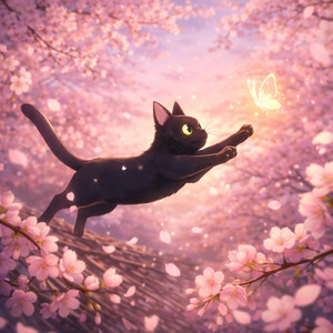 春の輪を追う黒猫