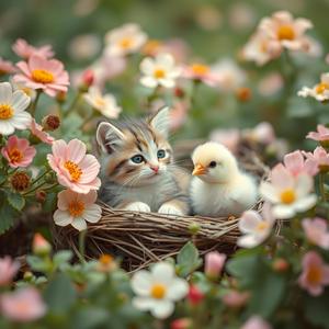 부드러운 어쿠스틱 기타, 가벼운 피아노 멜로디, 부드러운 종소리, 따뜻 하고 기분 좋은 템포 가 특징인 아기 새끼 고양이와 병아리의 순수함과 호기 심을 담은 부드럽고 장난 스럽고 마음이 따뜻해지는 배경 음악