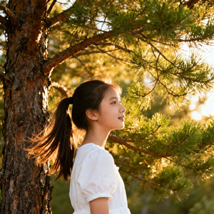 樟子松树下的小姑娘