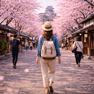 桜並木と古城の街道
