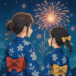 夏夜の花火と浴衣の君と