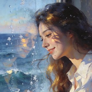 游轮窗边的长发女孩