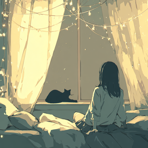 窓辺のカーテンライトと猫の背中 — Curtain Lights and a Cat’s Back — by ナナシロップ