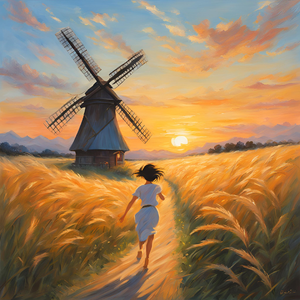 我们打着光脚在风车下跑，手上的狗尾巴草摇啊摇