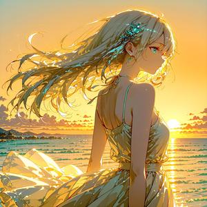 オレンジ色の空が海に溶けて