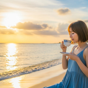 浜辺で夕陽を見ながらのんびりするBGMジャズ・ドラマのようなストーリーミュージック