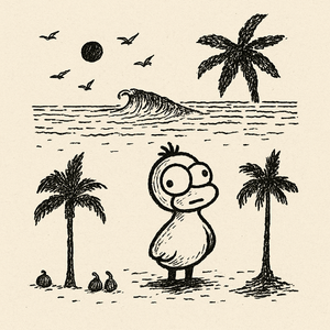 A palm tree drifts across the sky