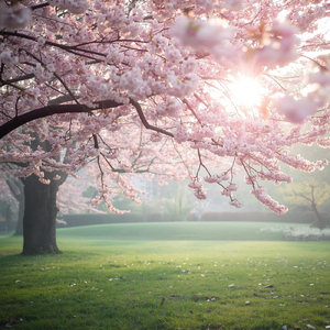 桜の木の下の柔らかな朝