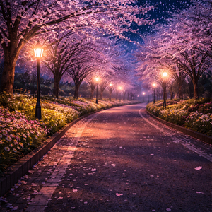静かな夜桜道