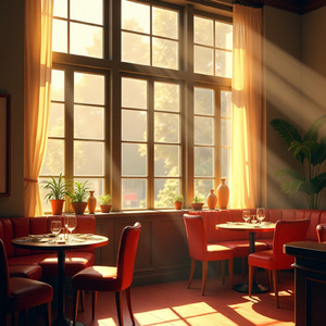 朝の光が差し込むカフェ