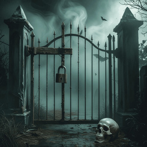 Exu Caveira - Portão de ferro cadeado de madeira