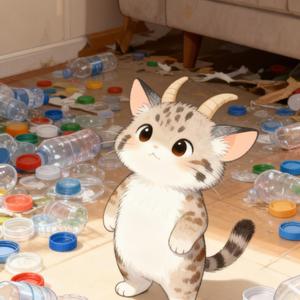 ソファーの下は猫によりキャップの蓋だらけ