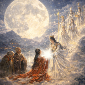 平安時代（794～1185年）：竹取物語 かぐや姫が天使たちに護衛されて天に帰っていく