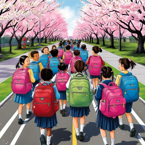 ランドセルと桜の道