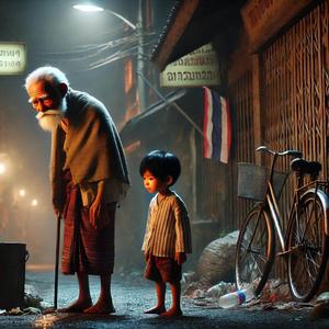 เด็กน้อย ชายชรา ข้างถนน