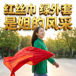 红丝巾绿外套是姐的风采