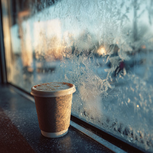 霜の窓辺のコーヒー