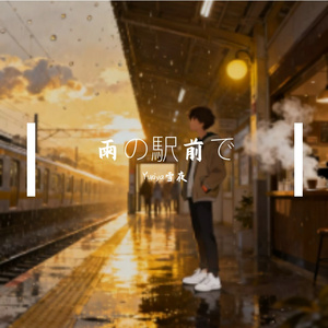 雨の駅前で