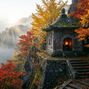 Mountain Temple in Autumn Mist